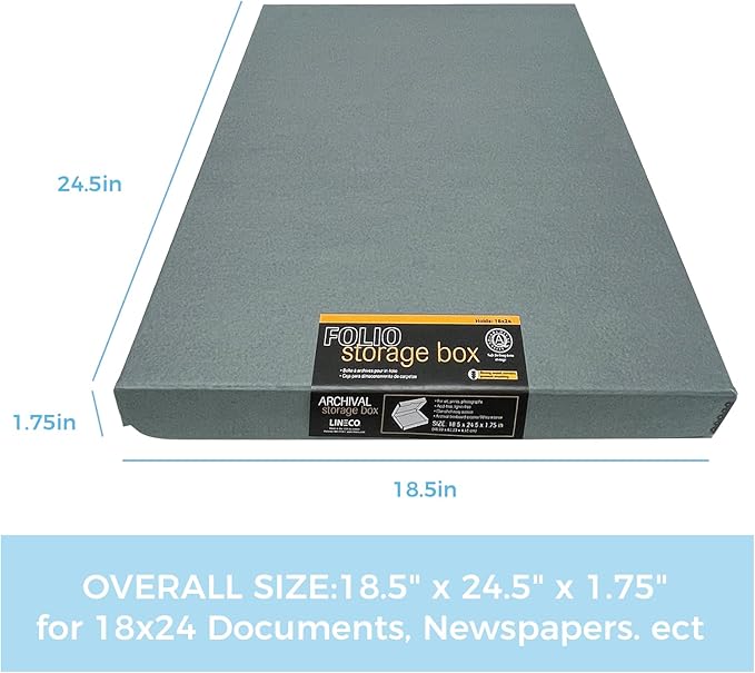 Lineco Folio Storage Box, Clamshell Design with Metal Edge. 18.5x24.5x1.75 Inches, Archival Boxboard, Preserve Photos, Cards, Magazines, Documents, Art, Ephemera, Family Records, Gray, Pack of 2
