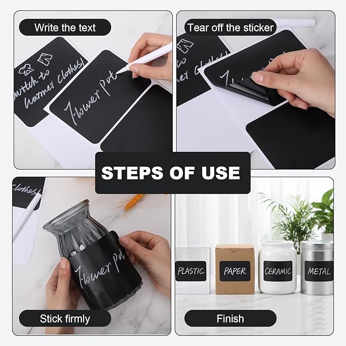 100 Pcs Labels for Storage Bins, 6 x 4 inch Black Large Label Stickers with 1 Liquid Chalk Marker Removable Labels Adhesive Chalkboard Labels Tear Resistant No Residue for School Business Home
