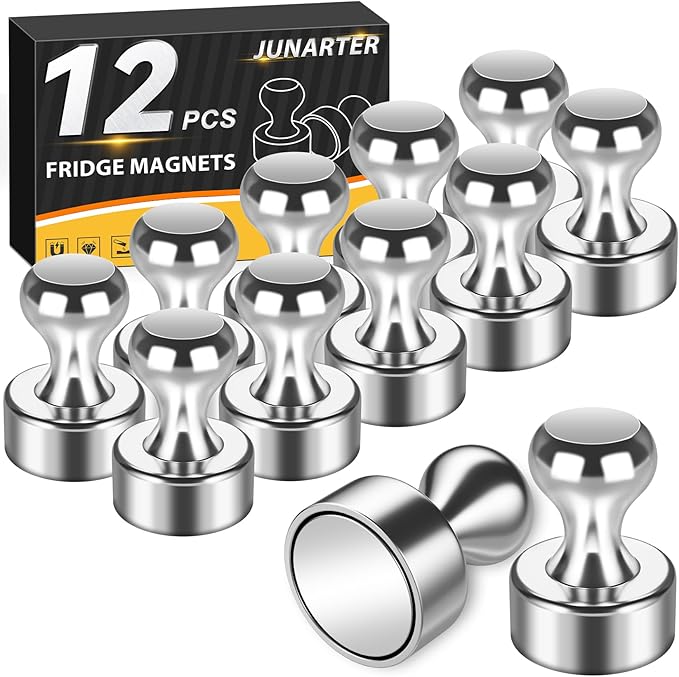 Junarter 12 Pack Magnetic Push Pins, Silver Strong Fridge Magnets, Whiteboard Magnets, Refrigerator Magnets Strong, Dry Erase Board Magnets for Fridge, Whiteboard, Office, Classroom, Kitchen, Map