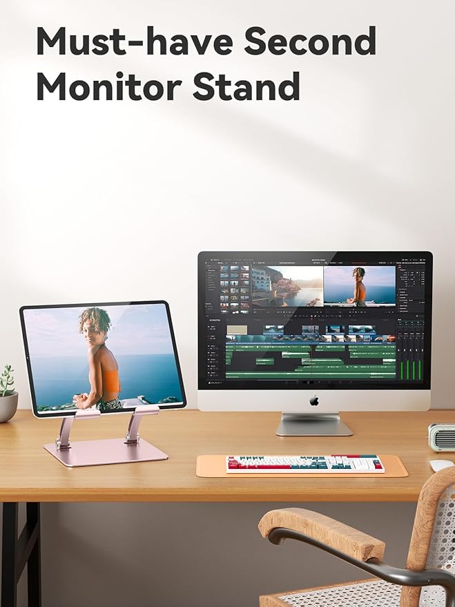 tounee Tablet Holder Stand, Dual Rod Adjustable Aluminum Desktop Stand, Compatible with 4.7-16.9" iPads, Surface Tablets, Portable Monitor, Kindle and More (Rose Gold)