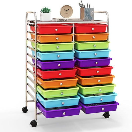 Happygrill 20-Drawer Organizer Cart Tools, Mobile Utility Storage Cart with Removable Drawers & Lockable Wheels, Rolling Storage Cart with wheels for Home Office School(Multicolor)