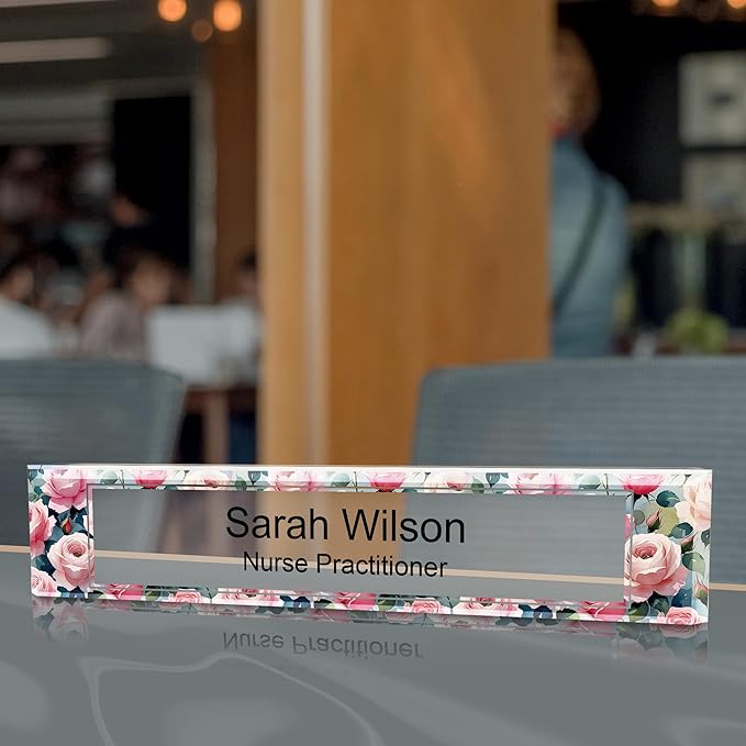 Signs ByLITA Floral Pattern Customized Nameplate | Rose Blush Personalized Full Color Acrylic Desk Sign