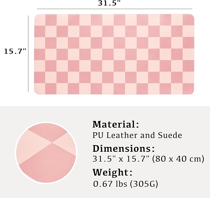 Ohocut Checkered Desk Mat, 31.5" x 15.7" Large Cute Coral Pink Aesthetic Retro Accessories, PU Leather Computer Laptop Desk Mat, Mouse Keyboard Pad, Desk Writing Makeup Mat for Vanity/Work/Home Decor