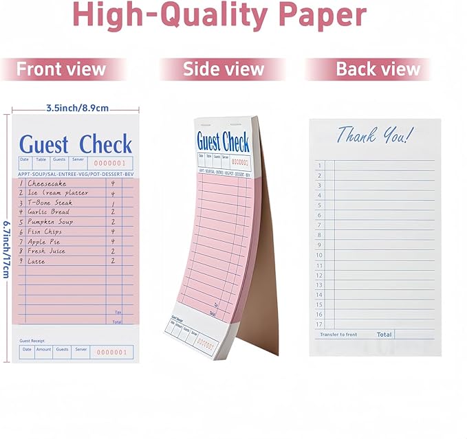 Guest Check Books 10 Pack, Guest Checks for Servers, Server Note Pads, Waitress Accessories Writing Pad, Thick Server Paper with Guest Receipts, Restaurant Supplies Order Pad Total 500 Sheets（Pink)