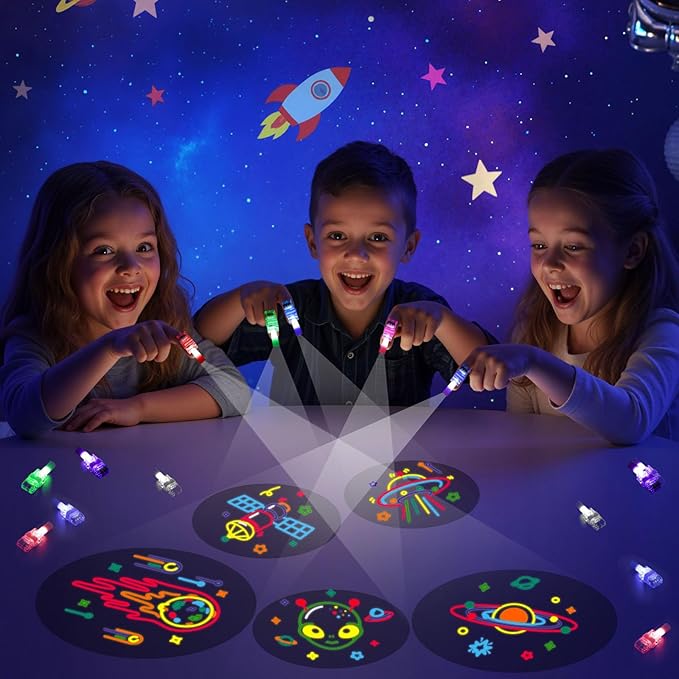 LovesTown 24PCS Space Themed Party Favors, LED Finger Lights for Kids Glow in The Dark Party Supplies for Birthday Goodie Bags Fillers Classroom Prizes