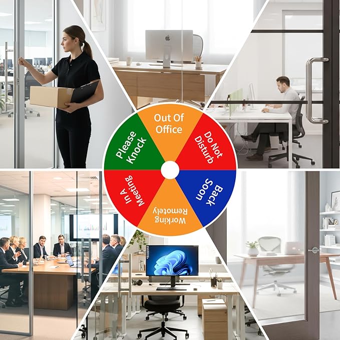 6-Sided Office Door Sign with Magnetic & Adhesive Backing - Rotating Privacy Indicator for Meeting, Do Not Disturb, Remote Work, Please Knock, Out of Office, Back Soon - 6 inch Silver ABS Door Hanger (Silver, 6-Mode)