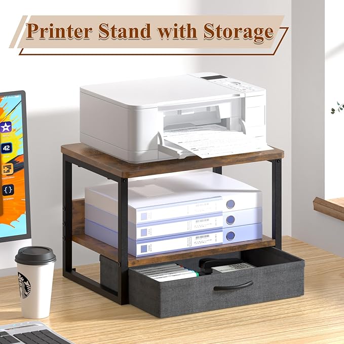 MARTY Printer Stand with Storage Drawer for Desk, 2-Tier Desktop Printer Stand Shelf Organzier for Home Office Printer Riser Under Desk Small Printer Table (Rustic Brown)