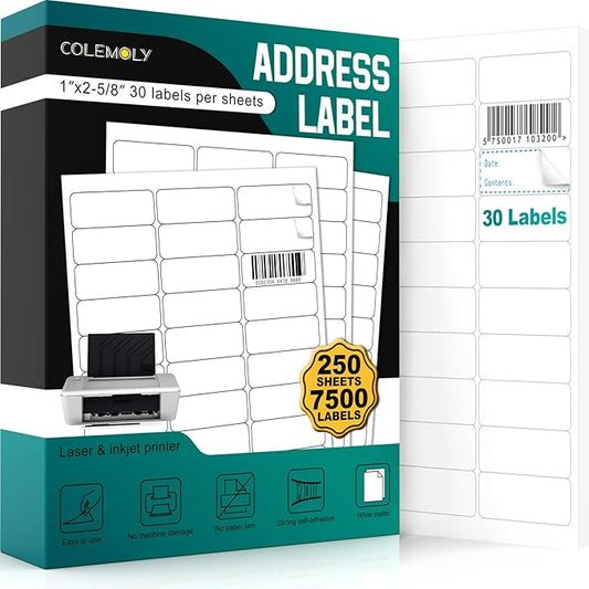 Address Labels 1’’x2-5/8’’ Stikcer Paper 30-UP 250 Sheets for Laser/Inkjet Printer Matte 7500 White Blank Printable Labels on 8.5x11 Inch for Mailing, Shipping, and Organizing
