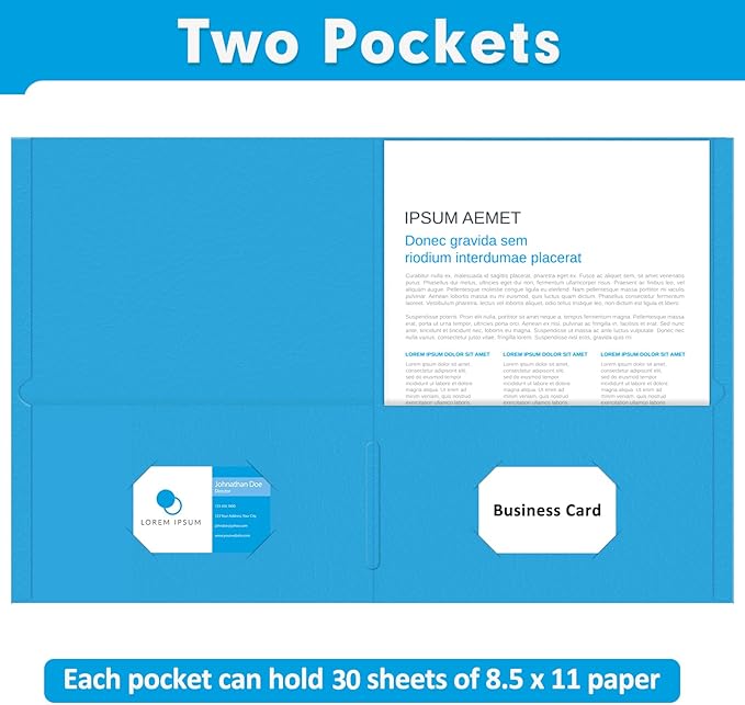 Two Pocket Folders, PANDRI 30 Pack 2 Pocket Folders, Letter Size Paper File Folder for School Office Home Business, LightBlue