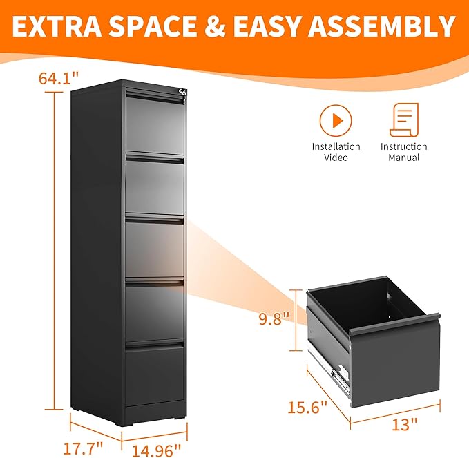 OPTYMIRA 5 Drawer Metal File Cabinet Heavy Duty Locking File Cabinets Home Office Steel Filing Cabinet Vertical File Cabinets for Legal/Letter Size File,Assembly Required