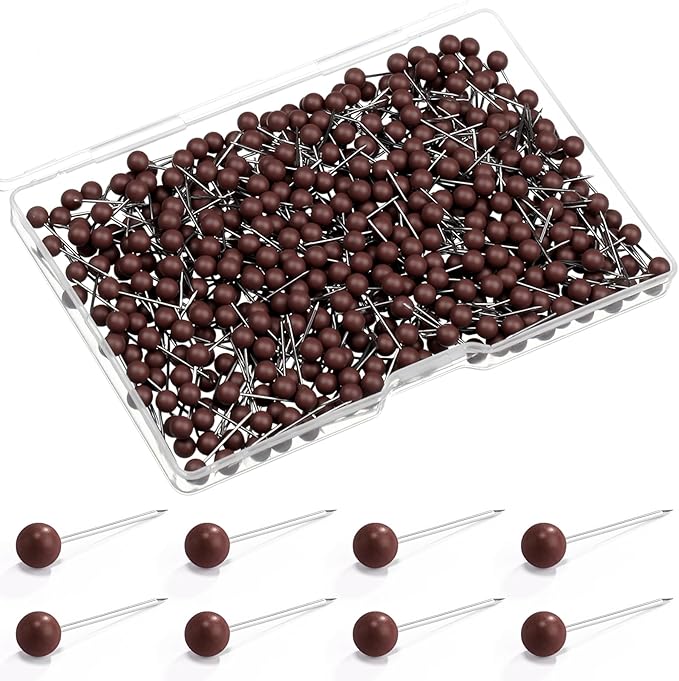 WILLBOND 500 Pack Map Push Pins Map Tacks Small Round Head Push Pins Thumb Tacks for Travel Picture Photo Bulletin Board Wall DIY Craft School Office Home(Brown,1/6 Inch)