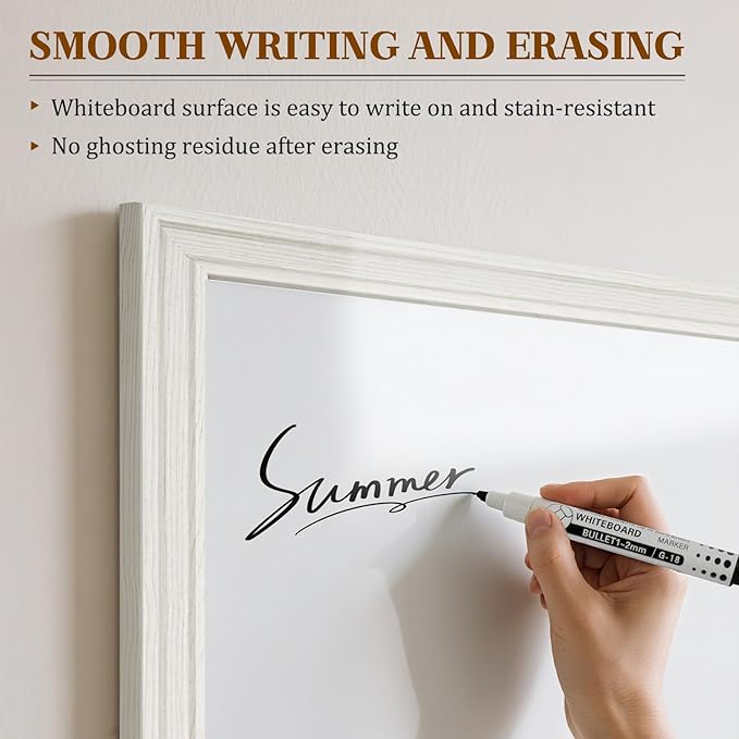 White Board for Wall, 24'' x 18'' Magnetic Dry Erase Board, Decorative Whiteboard with White Vintage Wooden Frame, Hanging Writing Board for Home Office School Dorm