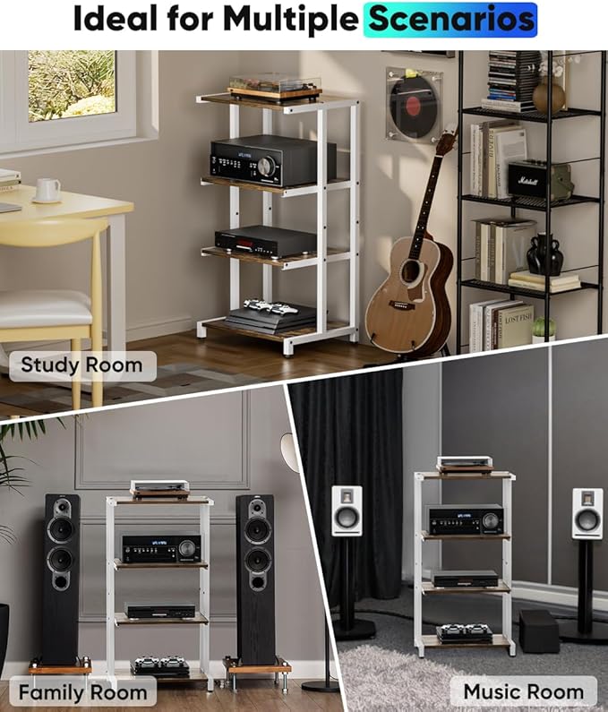 Ardier 4-Tier Wooden Media Stand, AV Media Stand Corner Shelf for TV Accessories/Audiovisual Equipment/Optical Disc/PS4, Audio Storage Rack for Living Room, Gaming Room, Music Studio, White