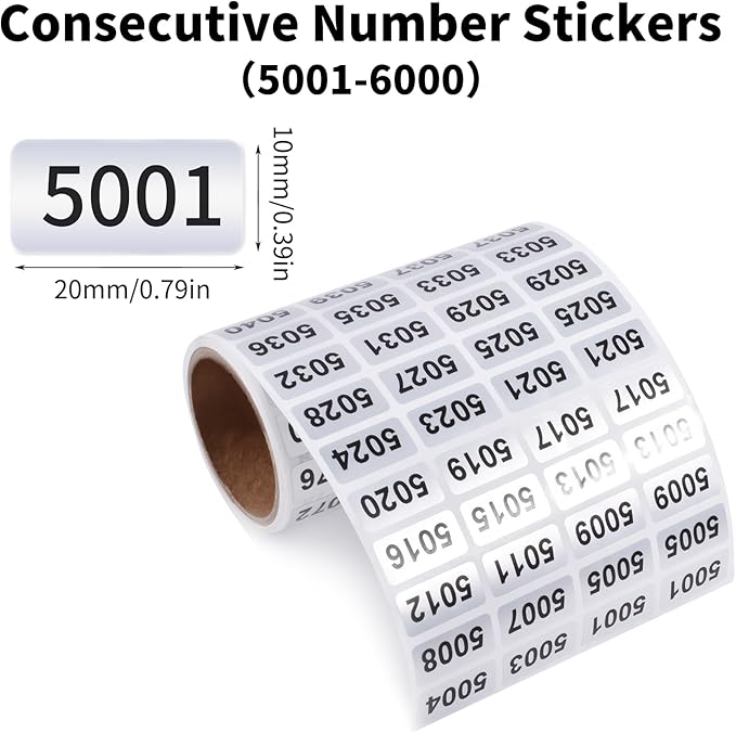 5001-6000 Consecutive Number Inventory Stickers Self Adhesive Waterproof Labels Office Warehouse Numbering Classification Black Printing on Silver Sticker 0.79 x 0.38 Inch