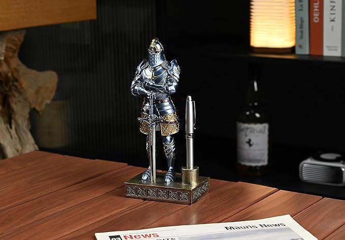 Amoysanli Knight Pen Stand Decoration Resin Pen Holder Art Craft Paperweight for Desktop Organizer Festival Gifts for Boyfriend Husband Dad Son(Blue)