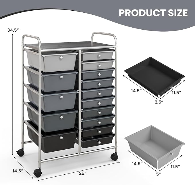 GOFLAME 15-Drawer Rolling Storage Cart, Craft Storage Cart with Removable Drawers & Lockable Wheels, Art Cart Supply Storage Organizer for Home Office Classroom, Gray Gradient