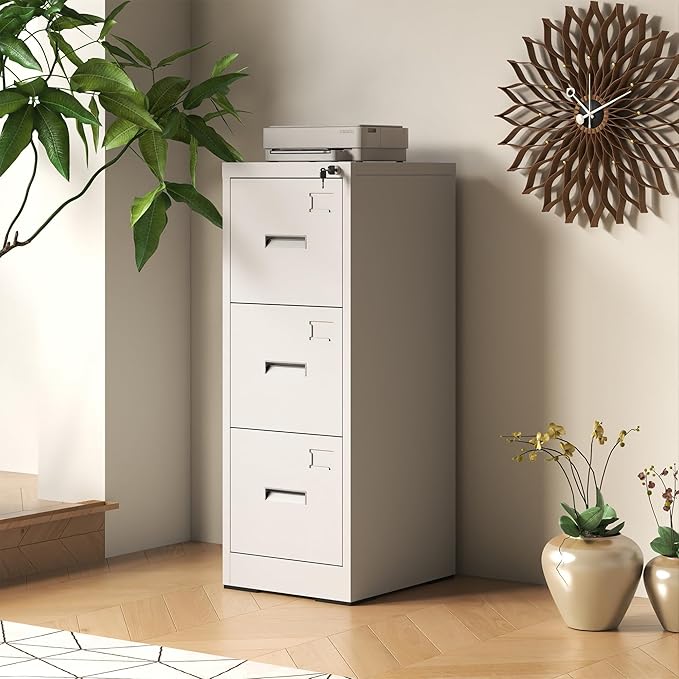 Reegangfa 3-Drawer File Cabinet with Lock, Metal Vertical Filing Cabinets for Home Office, Lockable Narrow Heavy-duty Steel Storage Cabinet with Tag,Hanging Letter/Legal/A4Size,Assemble Required,White