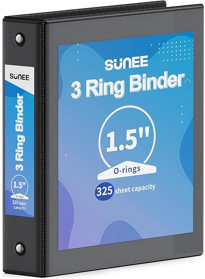 SUNEE 3 Ring Binder 1.5 Inch 1 Pack, Clear View Three Ring PVC-Free (Fit 8.5x11 Inches) for School or Office Supplies, Black