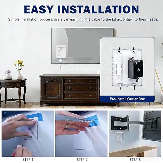 Wall Cable Concealer Management Kit, Recessed Outlet Behind TV for Wall Mount TV with Cable Management Box, in Wall TV Connection Kit Hides Power Cables & Low Voltage Wires Fits All Plugs (NO Wire)