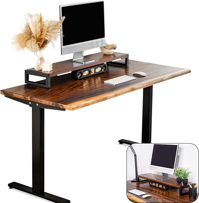 Standing Desk with Monitor Stand – Walnut Solid Wood Desk, Natural Live Edge, Adjustable Height Dual Motor, Sit Stand for Home Office (Black, W48 x D27)