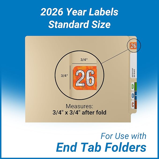 2026 Year Labels, Doctor Stuff 2026 Chart Stickers, Holographic Orange Colored, USA Made Year Label for End Tab File Folders, 500 Labels per Roll, 1 Roll, 3/4" x 1-1/2"