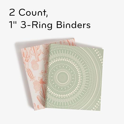 U Brands Eco-Conscious 1" Binders, Set of 2, Pink and Sage Green Boho Chic Prints, Silver Metal O-Rings