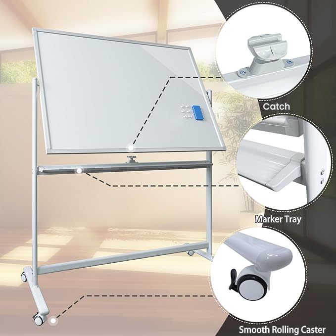 Large Mobile Glass White Board with Wheels - 48”x36” Rolling Dry Erase Whiteboard with Stand, Quick Flip Over Reversible Glass Board, Standing Double-Sided Board