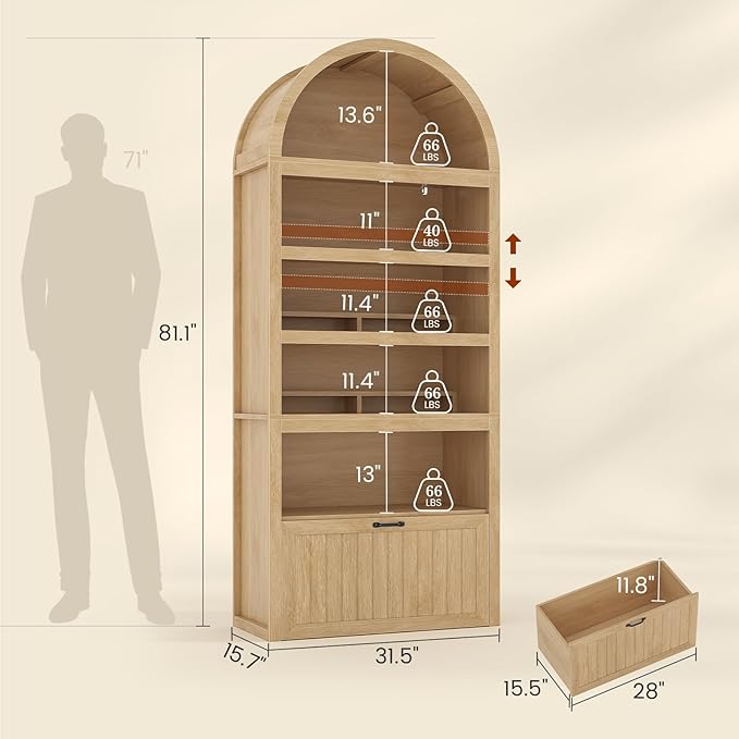 81" Tall Arched Cabinets,Bookcase with Drawer storage,Mid-Century Modern 5-Tier Bookshelf,2 Book Risers and Adjustable Shelves offering more storage space for Living Room,Kitchen,Home Office,Oak