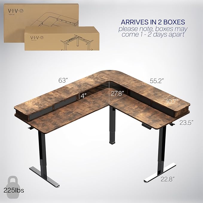 VIVO Electric 2-Tier Corner L-Shaped 63 x 55 inch Standing Desk, Height Adjustable, Memory Controller, Rustic Vintage Brown Top Black Frame, Black Drawers, DESK-E3CVN