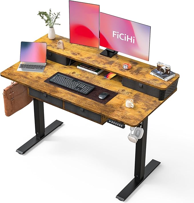 FiCiHi Electric Standing Desk with Four Drawers, Adjustable Height Sit Stand Desk, C-Clamp Compatible Home Office Desk with Storage Shelf & Monitor Stand Riser, 48 x 24 Inch, Rustic Brown