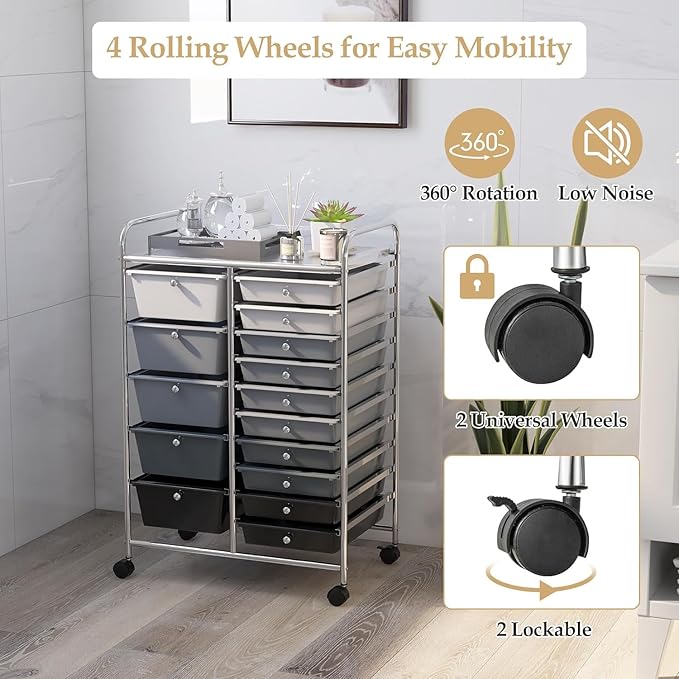 LDAILY 15 Drawer Rolling Storage Cart, Rolling Cart with Drawers for Classroom, Art Supply Craft Organizer on Wheel with Metal Frame & Handles for Home Office School
