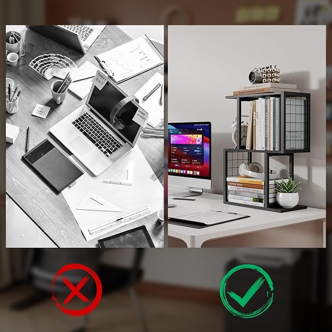 Vfelf Bookshelf Desk Organizer，3-Tier Shelf for Top of Desk Workspace Organizers for Office Accessories, Black