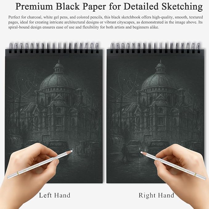 Fuxi Black Paper Sketchbook 9x12, 60 Sheets（90lb/150gsm） Hardcover Spiral Bound | Black Paper Notebook for Gel Pen, Colored Pencil, Artist Supplies for Adults, Teens & Students.