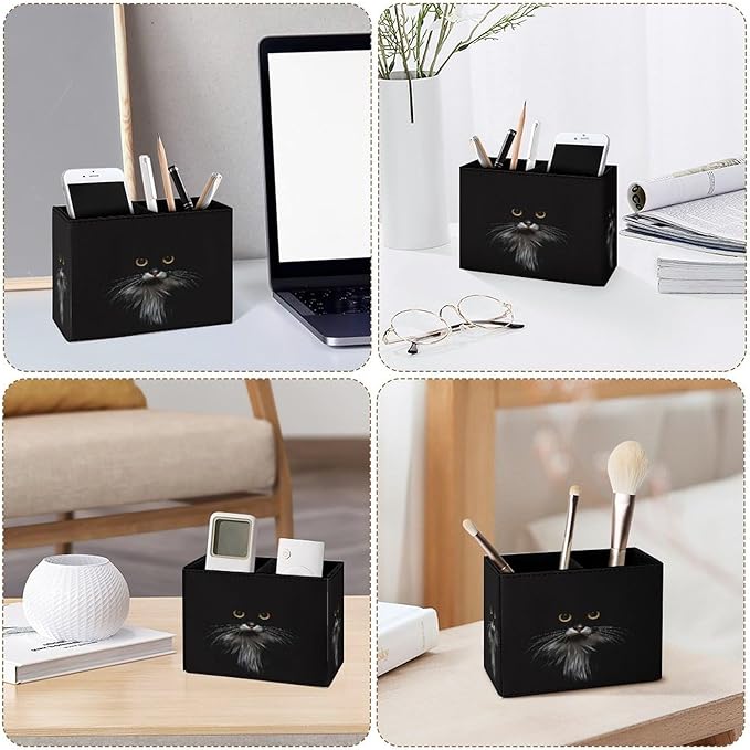 Famame 3D Cute Black Cat Pencil Holder for Desk, Leather Desktop Container Pen Cup Storage Study Table Pen Organizer Makeup Brush Holder for Classroom Office Home