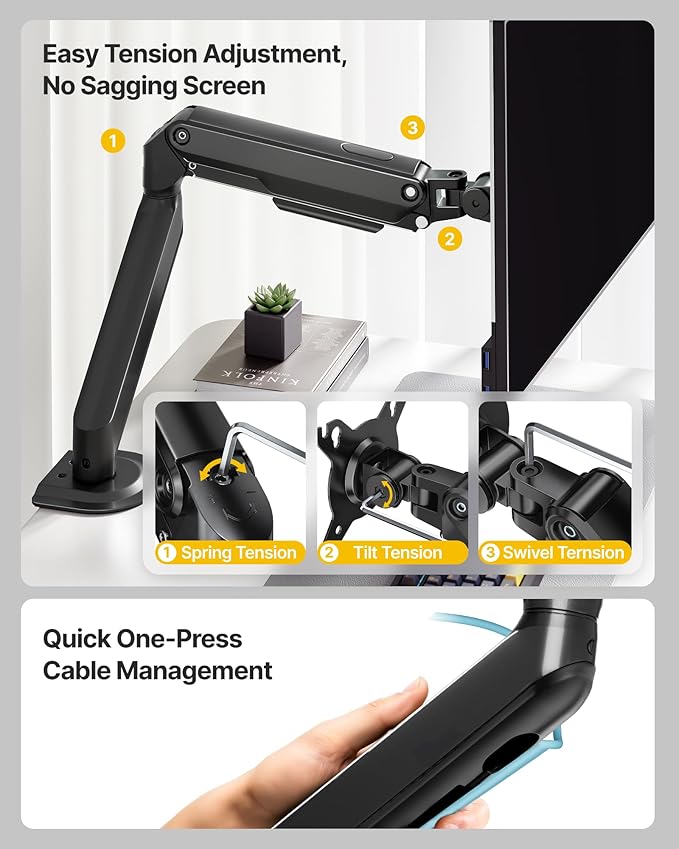 monTEK Single Monitor Arm Mount for 17-32 Inch Screens, Heavy Duty Steel Mechanical Spring Desk Monitor Stand, Full Motion Adjustable Monitor Arm with Clamp & Grommet, VESA 75/100, Holds up to 20lbs