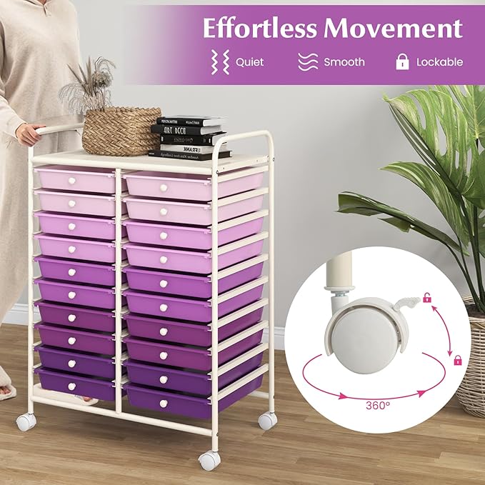 Happygrill 20-Drawer Organizer Cart Tools, Mobile Utility Storage Cart with Removable Drawers & Lockable Wheels, Rolling Storage Cart with wheels for Home Office School (Purple Gradient)