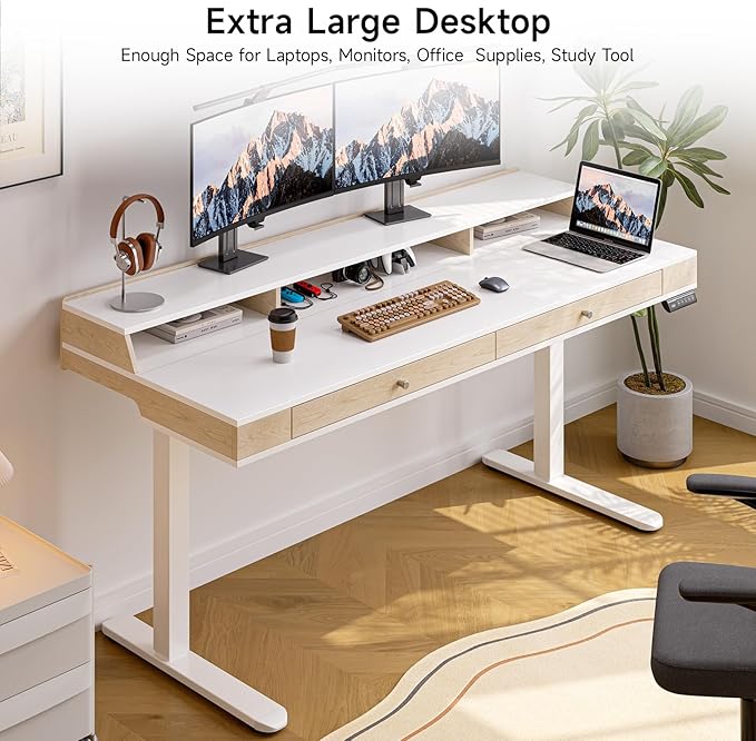 ONBRILL Standing Desk with Drawers, 63x23.6 Inch Electric Stand Up Desk with Storage Shelf and Memory Controller, Sit Stand Desk Adjustable Height from 28-46 Inch for Computer Workstation, White