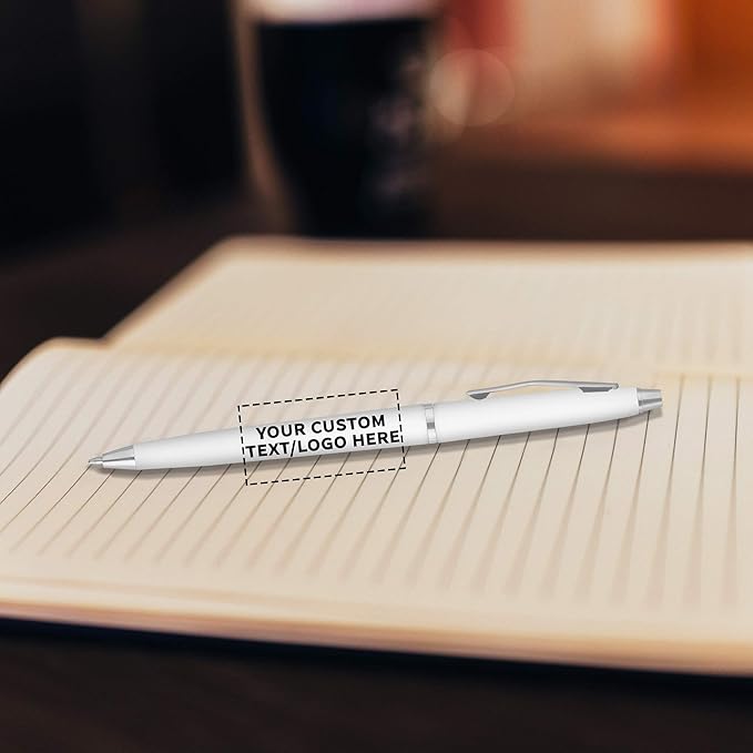 DISCOUNT PROMOS Custom Langham Ballpoint Ink Pen - Set of 10 Writing Pens for Work - Cool Pens for Writing, Black Ink, White