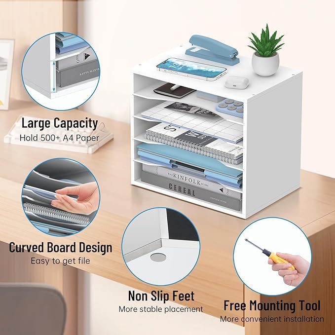 SHARKWOODS 5-Tier Wood Desk Organizer, Paper Tray Organizer for Desk with Adjustable Storage Shelves, Desktop File Organization Paper Sorter Mail Holder for Office Home Classroom, White