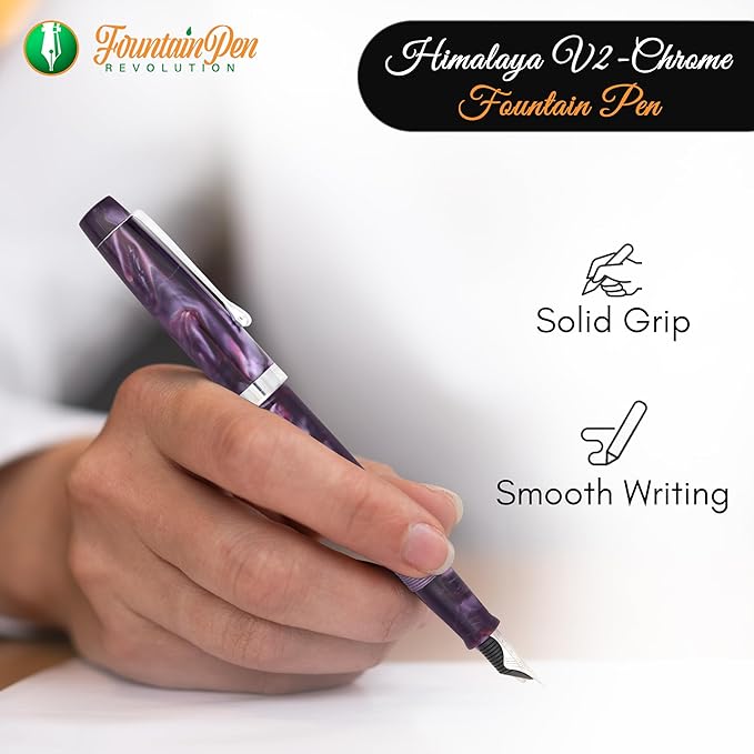 FPR Himalaya V2-Chrome Ultra Flex Nib Pen - Twist-Style Converter Filled Calligraphy Pens for Writing-Fancy Pens for Men & Women - Flex Fountain Pen w/Metal Clip & Cap Ring (Amethyst Purple Acrylic)
