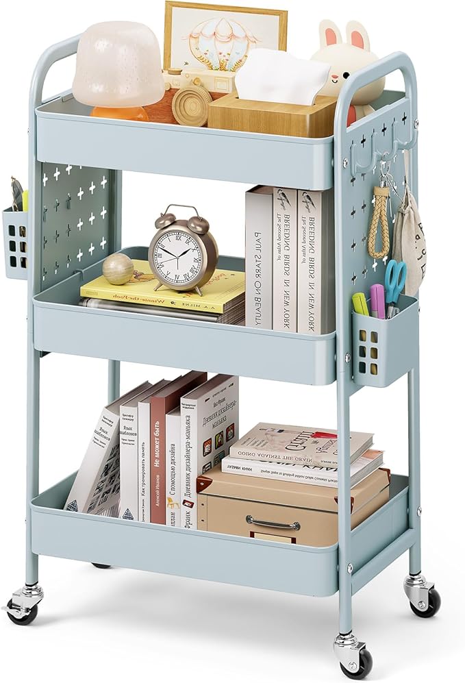 KINGRACK 3 Tier Rolling Cart with DIY Hanging Board, Metal Rolling Utility Cart with Wheels Handles Baskets Hooks, Rolling Storage Cart Suitable for Bathroom, Kitchen, Office, Nursery Diaper (Green)