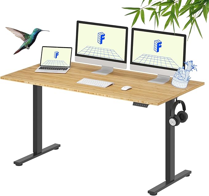 FLEXISPOT EN1 Bamboo One-Piece Standing Desk, 60 x 30 Inches Ergonomic Desk for Home Office and Gaming (Black Frame + Bamboo Top, 2 Packages)