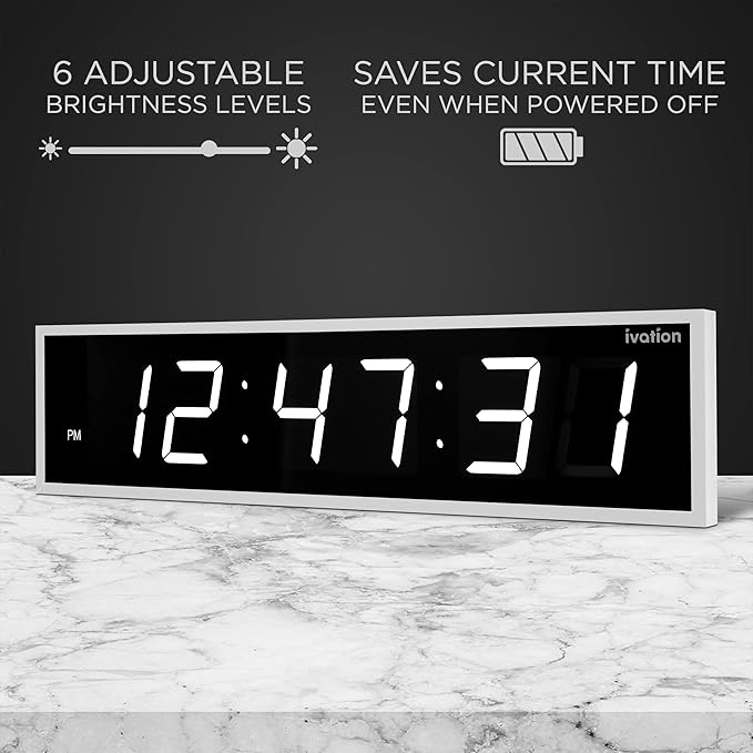 Ivation Huge Oversized 48" Large Digital LED Clock | Big Digital Clock w/Multi-Function Display – Stopwatch, Timer, Alarms, Temp & Date | 6 Brightness Levels, Time Memory & Remote (White)