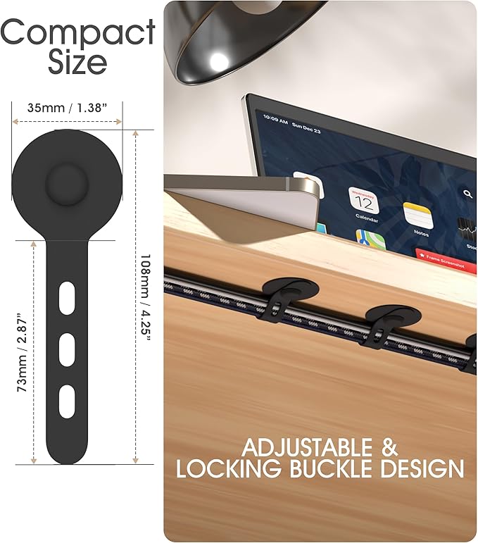 Nearockle Cable Management Under Desk, Adjustable Self-Adhesive Silicone Cable Ties Cord Organizer, Reusable Heavy-Duty Cord Holder Under Table for Office, Home, School (10Pcs-Black)