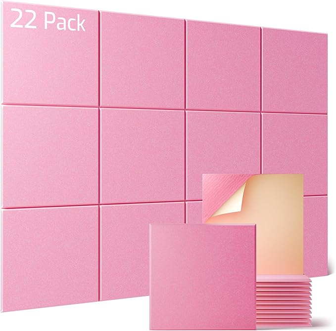 Sonicism 22 Pack Acoustic Wall Panels with Self-Adhesive, 12" X 12" X 0.4" Sound Proof Foam Panels, Decorative Soundproof Wall Panels, Sound Proof Absorbing Tiles for Home & Offices, Pink