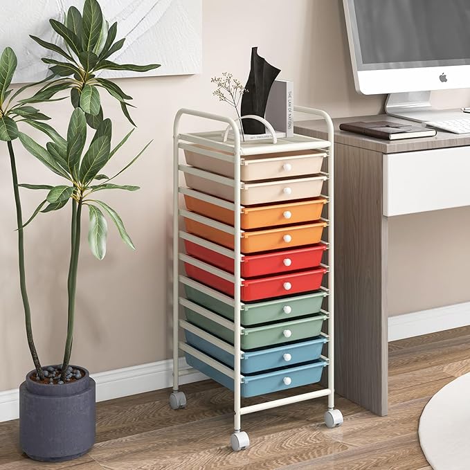 GLACER 10 Drawers Rolling Cart, Storage Cart with w/Removable Drawers & Steel Frame, Utility Mobile Trolley w/Universal Casters & 2 Brakes, Organizer Cart for Home, School, Office (Macaron)