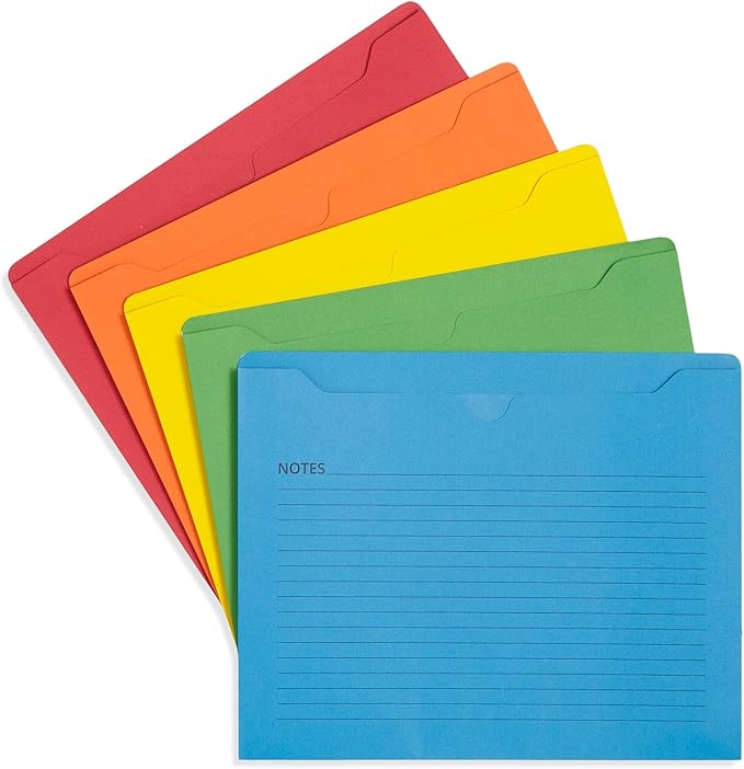 Blue Summit File Jackets Letter Size 2 Inch Expansion, Lined Folders with Lines for Notes on Front, 2 inch File Jacket Folders, Top Tab Pockets, Assorted Colors, Expandable, 25 Pack