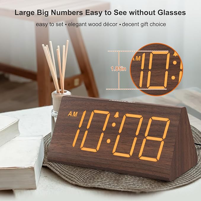DreamSky Wooden Digital Alarm Clocks for Bedrooms - Electric Desk Clock with Large Numbers, USB Port, Loud Alarm for Heavy Sleepers, Adjustable Volume, Dimmer, Snooze, DST, Wood Décor, Adapter Powered