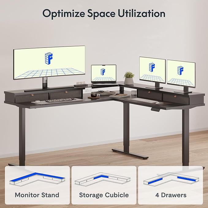 FLEXISPOT 63" L Shaped Standing Desk Electric Corner Table with Monitor Shelf, 4 Storage Drawers, Adjustable Computer Workstation for Home, Office, Game, Studio, Black Top + Black Frame