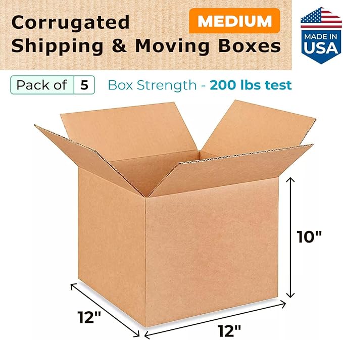 Medium Moving & Shipping Boxes 12 x 12 x 10 inches (5-Pack) - Extra Strength 200 lb vs Regular - Corrugated Durable Boxes for Packaging - Carton Box for USPS/FedEx - Medium Box by IDL Packaging